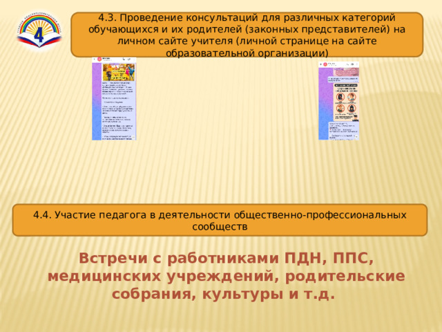 4.3. Проведение консультаций для различных категорий обучающихся и их родителей (законных представителей) на личном сайте учителя (личной странице на сайте образовательной организации) 4.4. Участие педагога в деятельности общественно-профессиональных сообществ Встречи с работниками ПДН, ППС, медицинских учреждений, родительские собрания, культуры и т.д. 