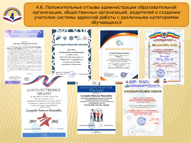 4.6. Положительные отзывы администрации образовательной организации, общественных организаций, родителей о создании учителем системы адресной работы с различными категориями обучающихся 