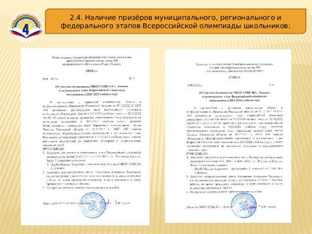 2.4. Наличие призёров муниципального, регионального и федерального этапов Всероссийской олимпиады школьников: 