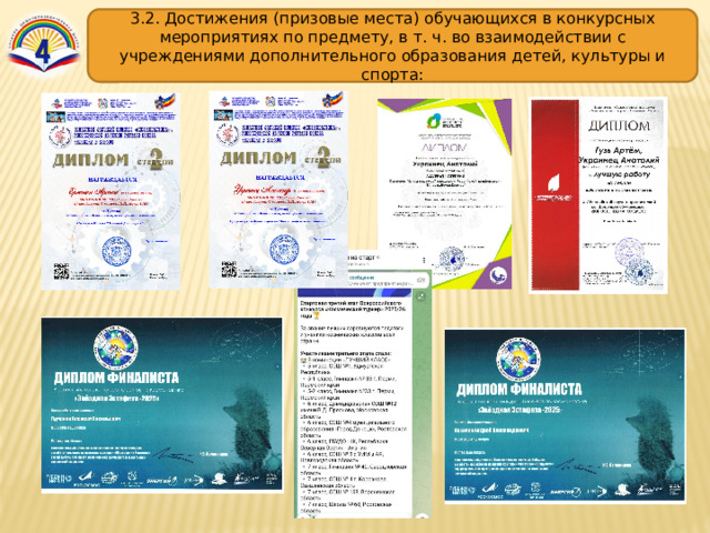 3.2. Достижения (призовые места) обучающихся в конкурсных мероприятиях по предмету, в т. ч. во взаимодействии с учреждениями дополнительного образования детей, культуры и спорта: 