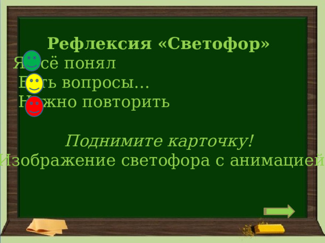 Рефлексия «Светофор»   Я всё понял    Есть вопросы…    Нужно повторить   Поднимите карточку!   Изображение светофора с анимацией 