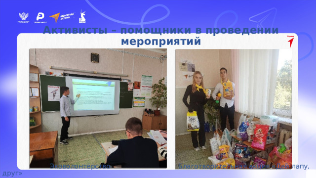 Активисты – участники мероприятий проекта «Навигаторы детства» Активисты – помощники в проведении мероприятий      Эковолонтёрство    Благотворительная акция «Дай лапу, друг» 