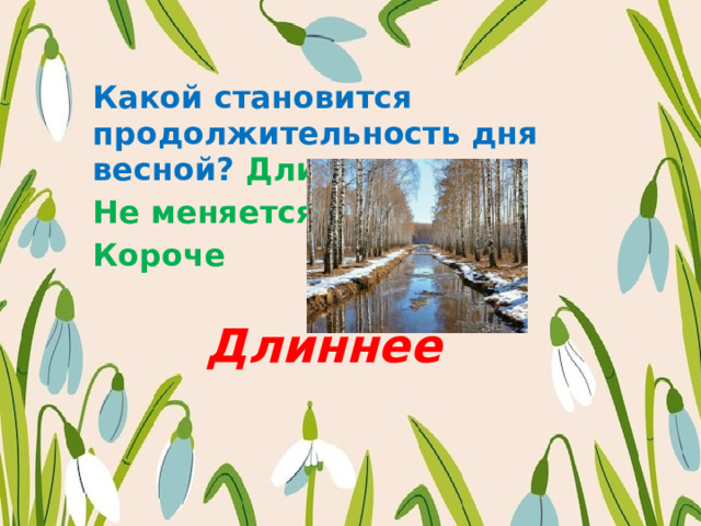 Какой становится продолжительность дня весной? Длиннее Не меняется Короче   Длиннее 