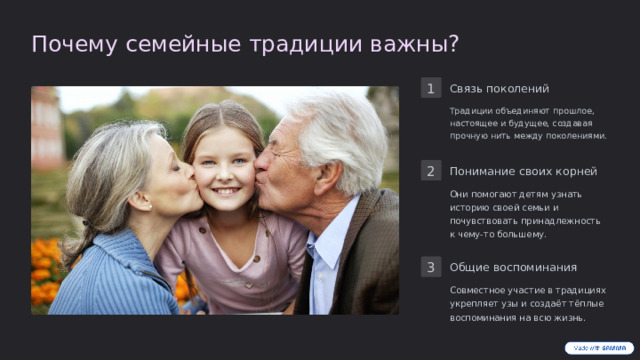 Почему семейные традиции важны? 1 Связь поколений Традиции объединяют прошлое, настоящее и будущее, создавая прочную нить между поколениями. 2 Понимание своих корней Они помогают детям узнать историю своей семьи и почувствовать принадлежность к чему-то большему. 3 Общие воспоминания Совместное участие в традициях укрепляет узы и создаёт тёплые воспоминания на всю жизнь.  