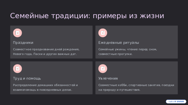 Семейные традиции: примеры из жизни Праздники Ежедневные ритуалы Совместное празднование дней рождения, Нового года, Пасхи и других важных дат. Семейные ужины, чтение перед сном, совместные прогулки. Труд и помощь Увлечения Распределение домашних обязанностей и взаимопомощь в повседневных делах. Совместные хобби, спортивные занятия, поездки на природу и путешествия.  