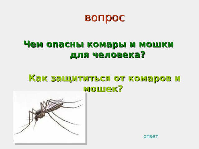 вопрос Чем опасны комары и мошки для человека?   Как защититься от комаров и мошек? ответ 