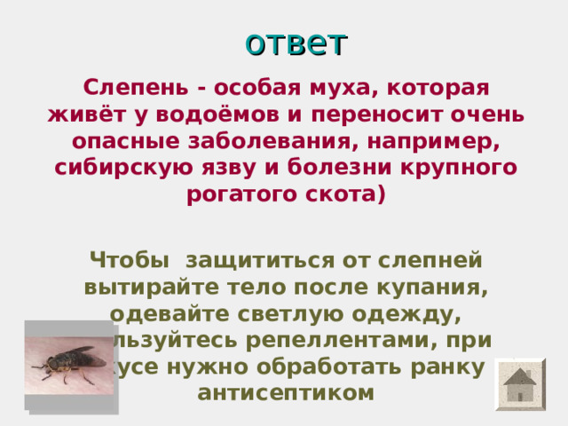 ответ  Слепень - особая муха, которая живёт у водоёмов и переносит очень опасные заболевания, например, сибирскую язву и болезни крупного рогатого скота)   Чтобы защититься от слепней вытирайте тело после купания, одевайте светлую одежду, пользуйтесь репеллентами, при укусе нужно обработать ранку антисептиком 