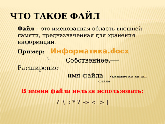 Что такое файл Файл – это именованная область внешней памяти, предназначенная для хранения информации. Пример: Информатика.docx  Собственное Расширение  имя файла Указывается на тип  файла В имени файла нельзя использовать: / \ : * ? «»  |  