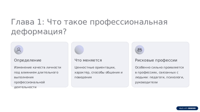  Глава 1: Что такое профессиональная деформация? Определение Что меняется Рисковые профессии Изменение качеств личности под влиянием длительного выполнения профессиональной деятельности Ценностные ориентации, характер, способы общения и поведения Особенно сильно проявляется в профессиях, связанных с людьми: педагоги, психологи, руководители 