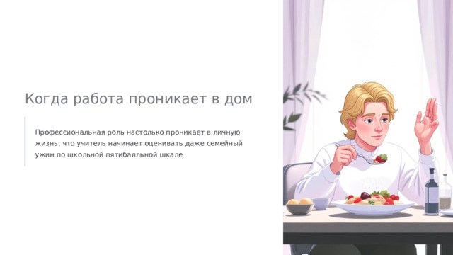  Когда работа проникает в дом Профессиональная роль настолько проникает в личную жизнь, что учитель начинает оценивать даже семейный ужин по школьной пятибалльной шкале 