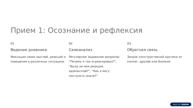  Прием 1: Осознание и рефлексия 01 02 03 Ведение дневника Самоанализ Обратная связь Фиксация своих мыслей, реакций и поведения в различных ситуациях Регулярное задавание вопросов: 