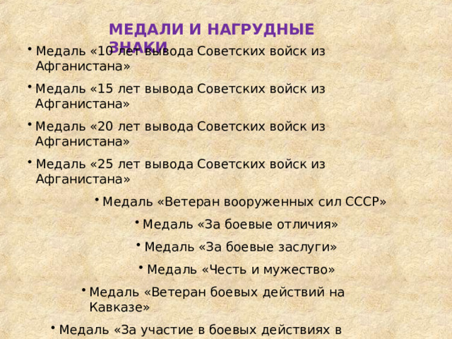 МЕДАЛИ  И  НАГРУДНЫЕ  ЗНАКИ Медаль  «10  лет  вывода  Советских  войск  из  Афганистана» Медаль  «15  лет  вывода  Советских  войск  из  Афганистана» Медаль  «20  лет  вывода  Советских  войск  из  Афганистана» Медаль  «25  лет  вывода  Советских  войск  из  Афганистана» Медаль  «Ветеран  вооруженных  сил  СССР» Медаль  «Ветеран  вооруженных  сил  СССР» Медаль  «За  боевые  отличия» Медаль  «За  боевые  отличия» Медаль  «За  боевые  отличия» Медаль  «За  боевые  заслуги» Медаль  «За  боевые  заслуги» Медаль  «За  боевые  заслуги» Медаль  «Честь  и  мужество» Медаль  «Честь  и  мужество» Медаль  «Честь  и  мужество» Медаль  «Честь  и  мужество» Медаль  «Ветеран  боевых  действий  на  Кавказе» Медаль  «За  участие  в  боевых  действиях  в  Таджикистане» Знак  «Участнику  боевых  действий» Знак  «Участнику  боевых  действий» 