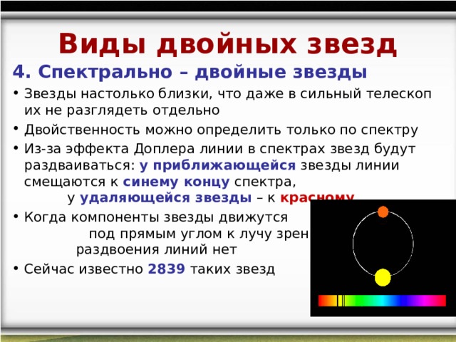 Виды двойных звезд 4. Спектрально – двойные звезды Звезды настолько близки, что даже в сильный телескоп их не разглядеть отдельно Двойственность можно определить только по спектру Из-за эффекта Доплера линии в спектрах звезд будут раздваиваться: у приближающейся звезды линии смещаются к синему концу спектра, у удаляющейся звезды – к красному Когда компоненты звезды движутся под прямым углом к лучу зрения, раздвоения линий нет Сейчас известно 2839 таких звезд  