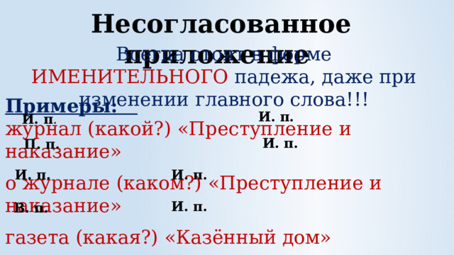 Несогласованное приложение Всегда стоят в форме ИМЕНИТЕЛЬНОГО падежа, даже при изменении главного слова!!! Примеры: журнал (какой?) «Преступление и наказание» о журнале (каком?) «Преступление и наказание» газета (какая?) «Казённый дом» газету (какую?) «Казённый дом» И. п. И. п . И. п. П. п. И. п. И. п. И. п. В. п. 