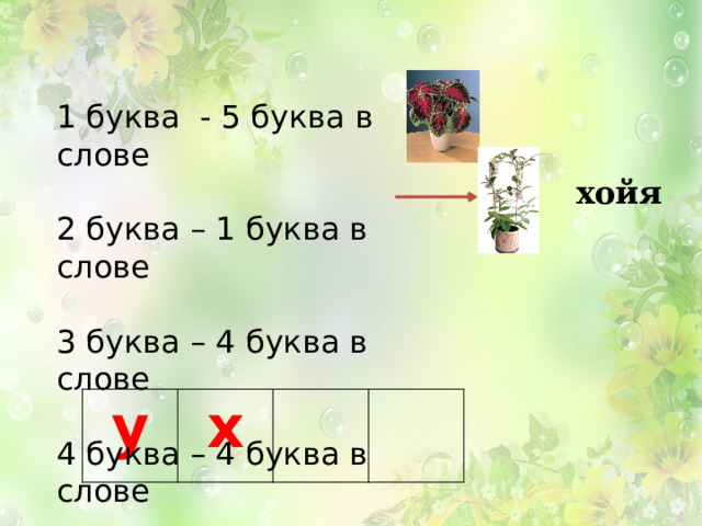 1 буква - 5 буква в слове 2 буква – 1 буква в слове 3 буква – 4 буква в слове 4 буква – 4 буква в слове хойя у х 