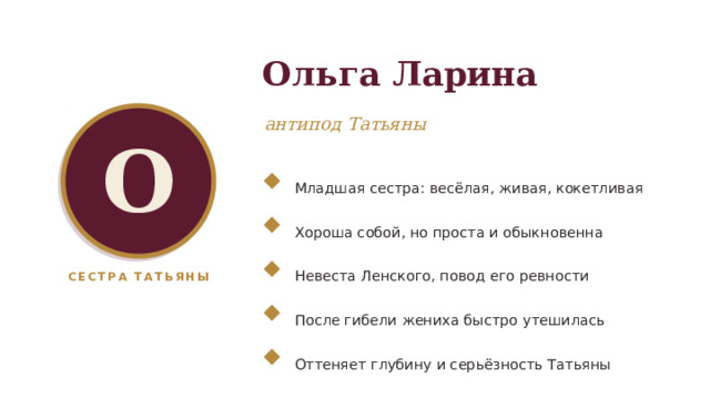  Ольга Ларина антипод Татьяны О Младшая сестра: весёлая, живая, кокетливая Хороша собой, но проста и обыкновенна Невеста Ленского, повод его ревности СЕСТРА ТАТЬЯНЫ После гибели жениха быстро утешилась Оттеняет глубину и серьёзность Татьяны 