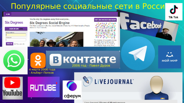 Популярные социальные сети в России.   2006 год - Павел Дуров 4 марта 2006 года - Альберт Попков 