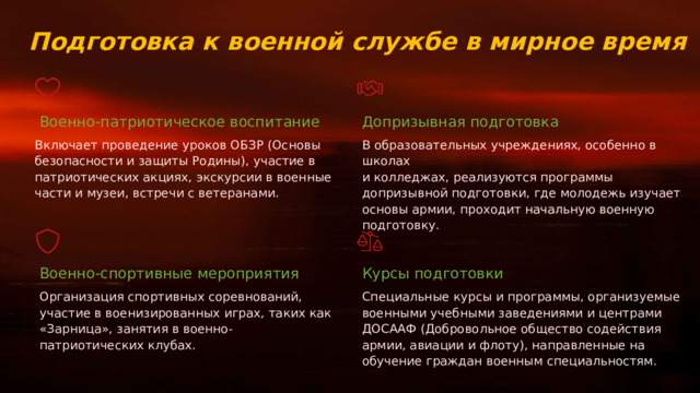  Подготовка к военной службе в мирное время Военно-патриотическое воспитание Допризывная подготовка Включает проведение уроков ОБЗР (Основы безопасности и защиты Родины), участие в патриотических акциях, экскурсии в военные части и музеи, встречи с ветеранами. В образовательных учреждениях, особенно в школах и колледжах, реализуются программы допризывной подготовки, где молодежь изучает основы армии, проходит начальную военную подготовку. Военно-спортивные мероприятия Курсы подготовки Организация спортивных соревнований, участие в военизированных играх, таких как «Зарница», занятия в военно-патриотических клубах. Специальные курсы и программы, организуемые военными учебными заведениями и центрами ДОСААФ (Добровольное общество содействия армии, авиации и флоту), направленные на обучение граждан военным специальностям. 