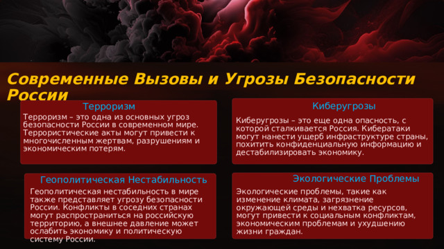 Современные Вызовы и Угрозы Безопасности России Киберугрозы Терроризм Терроризм – это одна из основных угроз безопасности России в современном мире. Террористические акты могут привести к многочисленным жертвам, разрушениям и экономическим потерям. Киберугрозы – это еще одна опасность, с которой сталкивается Россия. Кибератаки могут нанести ущерб инфраструктуре страны, похитить конфиденциальную информацию и дестабилизировать экономику. Экологические Проблемы Геополитическая Нестабильность Геополитическая нестабильность в мире также представляет угрозу безопасности России. Конфликты в соседних странах могут распространиться на российскую территорию, а внешнее давление может ослабить экономику и политическую систему России. Экологические проблемы, такие как изменение климата, загрязнение окружающей среды и нехватка ресурсов, могут привести к социальным конфликтам, экономическим проблемам и ухудшению жизни граждан. 