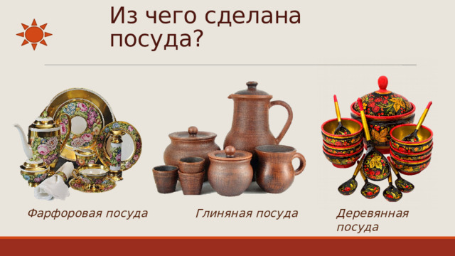 Из чего сделана посуда? Фарфоровая посуда Глиняная посуда Деревянная посуда 