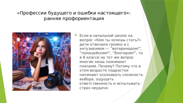 «Профессии будущего и ошибки настоящего»:  ранняя профориентация Если в начальной школе на вопрос «Кем ты хочешь стать?» дети отвечали громко и с энтузиазмом — “ветеринаром!”, “полицейским!”, “блогером!”, то в 8 классе на тот же вопрос многие лишь пожимают плечами. Почему? Потому что в этом возрасте подростки начинают осознавать сложность выбора, ощущать ответственность и испытывать страх неудачи. 