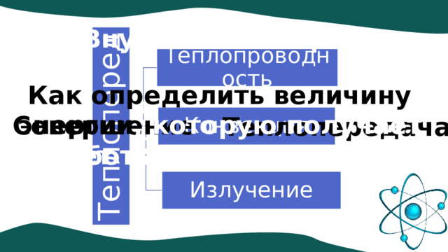 Теплопередача Внутренняя энергия Теплопроводность Как определить величину  энергии , которую получает  или отдает тело при теплопередаче ? Конвекция Совершение работы Теплопередача Излучение 