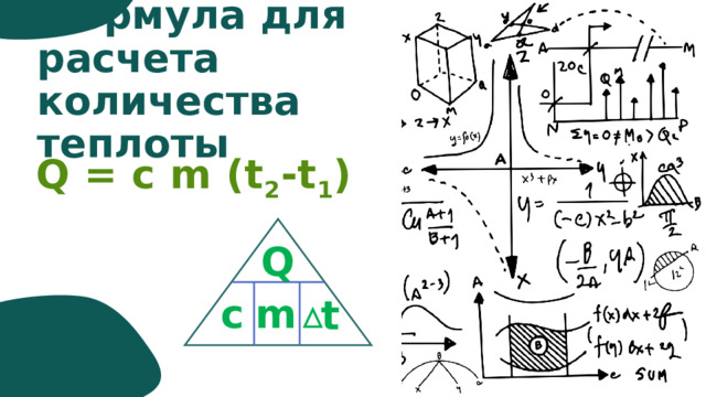 Формула для расчета количества теплоты Q = c m (t 2 -t 1 ) Q c m t 
