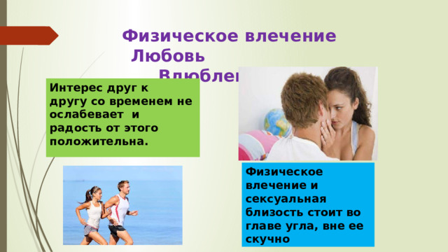 Физическое влечение  Любовь Влюбленность Интерес друг к другу со временем не ослабевает и радость от этого положительна. Физическое влечение и сексуальная близость стоит во главе угла, вне ее скучно 