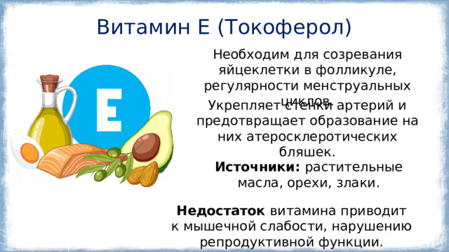 Витамин E (Токоферол) Необходим для созревания яйцеклетки в фолликуле, регулярности менструальных циклов. Укрепляет стенки артерий и предотвращает образование на них атеросклеротических бляшек. Источники:  растительные масла, орехи, злаки. Недостаток витамина приводит к мышечной слабости, нарушению репродуктивной функции. 