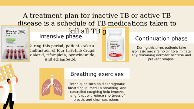 A treatment plan for inactive TB or active TB disease is a schedule of TB medications taken to kill all TB germs. Intensive phase Continuation phase During this period, patients take a combination of four first-line drugs: isoniazid, rifampicin, pyrazinamide, and ethambutol. During this time, patients take isoniazid and rifampicin to eliminate any remaining dormant bacteria and prevent relapse. Breathing exercises Techniques such as diaphragmatic breathing, pursed-lip breathing, and controlled coughing help improve lung function, reduce shortness of breath, and clear secretions . 