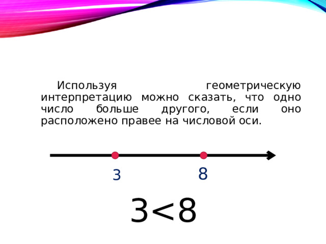  Используя геометрическую интерпретацию можно сказать, что одно число больше другого, если оно расположено правее на числовой оси. 8 3 3
