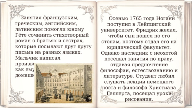 Занятия французским, греческим, английским, латинским помогли юному Гёте сочинить стихотворный роман о братьях и сестрах, которые посылают друг другу письма на разных языках. Мальчик написал произведение от скуки, так как ему надоело выполнять домашнюю работу. Осенью 1765 года Иоганн поступил в Лейпцигский университет. Фридрих желал, чтобы сын пошел по его стопам, поэтому отдал его на юридический факультет. Однако наследник с неохотой посещал занятия по праву, отдавая предпочтение философии, естествознанию и литературе. Студент любил слушать лекции немецкого поэта и философа Христиана Геллерта, посещал уроки рисования. 