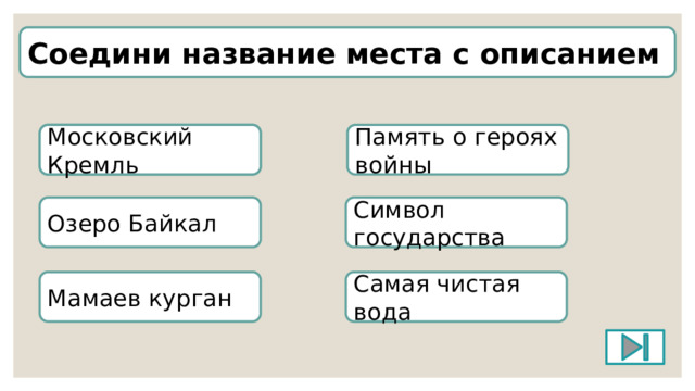 Соедини название места с описанием Московский Кремль Память о героях войны Московский Кремль Озеро Байкал Символ государства Мамаев курган Самая чистая вода 