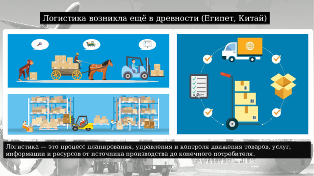 Логистика возникла ещё в древности (Египет, Китай) Логистика — это процесс планирования, управления и контроля движения товаров, услуг, информации и ресурсов от источника производства до конечного потребителя. 