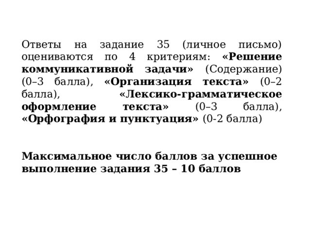 Ответы на задание 35 (личное письмо) оцениваются по 4 критериям: «Решение коммуникативной задачи» (Содержание) (0–3 балла), «Организация текста» (0–2 балла), «Лексико-грамматическое оформление текста» (0–3 балла), «Орфография и пунктуация» (0-2 балла)   Максимальное число баллов за успешное выполнение задания 35 – 10 баллов   