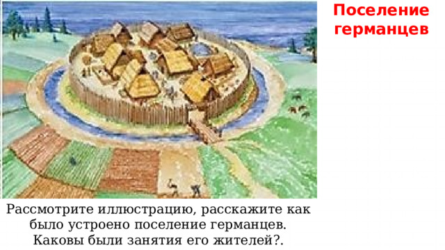 Поселение германцев Рассмотрите иллюстрацию, расскажите как было устроено поселение германцев. Каковы были занятия его жителей?. 