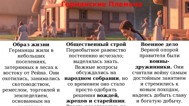 Германские  Племена Военное дело Верной опорой правителя были воины-дружинники. Они считали войну самым достойным занятием и стремились к новым походам, надеясь добыть славу и богатую добычу. Общественный строй Первобытное равенство постепенно исчезало; выделялась знать. Важные вопросы обсуждались на народном собрании , но со временем оно стало просто одобрять решения вождей, жрецов и старейшин . Власть передавалась по наследству Образ жизни Германцы жили в небольших поселениях, затерянных в лесах к востоку от Рейна. Они охотились, занимались скотоводством, ремеслом, торговлей и земледелием, основанным на двуполье. 