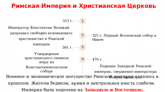 Римская  Империя  и  Христианская  Церковь 313 г. Император  Константин  Великий  разрешил  свободно исповедовать  христианство  в  Римской  империи 1 2 325 г.  Первый  Вселенский  собор  в  Никее 3 381 г. Утверждение  христианского  символа  веры  на Константинопольском  соборе 4 476 г. Падение  Западной  Римской  империи,  свержение императора  Ромула Августула Военное  и  экономическое  могущество  Римской  империи  осталось  в  прошлом.  Жители  беднели,  армия  и  центральная власть слабели.  Империя  была  поделена  на  Западную  и  Восточную. 