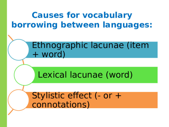 Causes for vocabulary borrowing between languages: Ethnographic lacunae (item + word) Lexical lacunae (word) Stylistic effect (- or + connotations) 