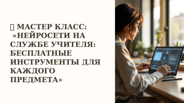  🧠  МАСТЕР КЛАСС:  «НЕЙРОСЕТИ НА СЛУЖБЕ УЧИТЕЛЯ: БЕСПЛАТНЫЕ ИНСТРУМЕНТЫ ДЛЯ КАЖДОГО ПРЕДМЕТА» 