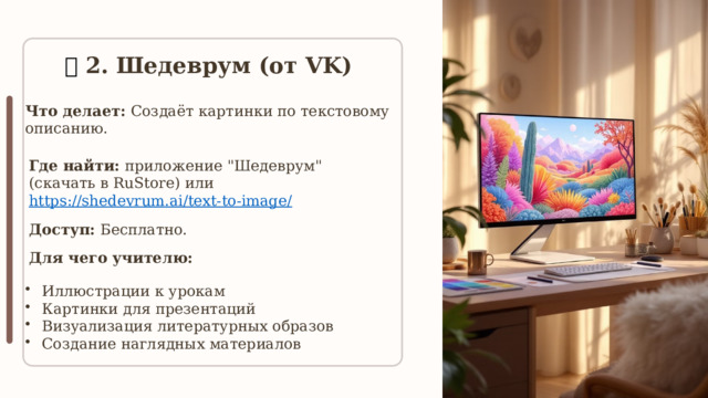  🔹  2. Шедеврум (от VK) Что делает: Создаёт картинки по текстовому описанию. Где найти: приложение 