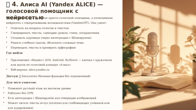  🔹  4 . Алиса AI (Yandex ALICE) — голосовой помощник с нейросетью Что делает: Алиса — это не просто голосовой помощник, а полноценная нейросеть с генеративными возможностями (YandexGPT). Она умеет: Отвечать на вопросы голосом и текстом Генерировать тексты, сценарии уроков, стихи, поздравления Создавать картинки (через интеграцию с Шедеврумом) Решать учебные задачи, объяснять сложные темы Переводить тексты и проверять орфографию Где найти: Приложение «Яндекс» (iOS, Android, RuStore) — кнопка с кружочком или вызов по голосовой команде «Алиса» Веб-версия: alice.yandex.ru Доступ:  ✅ Бесплатно (базовые функции без ограничений) Для чего учителю: Понимает русский язык на высоком уровне Работает без VPN Есть интеграция с Шедеврумом для генерации изображений Может читать тексты вслух (полезно для слабовидящих учеников или для аудирования) 