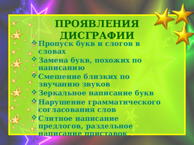 Проявления дисграфии Пропуск букв и слогов в словах Замена букв, похожих по написанию Смешение близких по звучанию звуков Зеркальное написание букв Нарушение грамматического согласования слов Слитное написание предлогов, раздельное написание приставок 