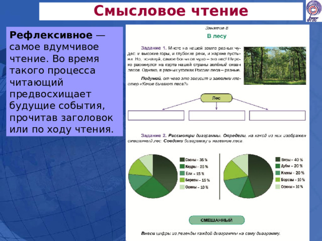 Смысловое чтение Рефлексивное — самое вдумчивое чтение. Во время такого процесса читающий предвосхищает будущие события, прочитав заголовок или по ходу чтения.  