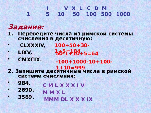 I   V  X  L  C  D  M  1   5  10  50  100  500  1000  Задание: Переведите числа из римской системы счисления в десятичную:  CLXXXIV, LIXV, CMXCIX.  2. Запишите десятичные числа в римской системе счисления: 984, 2690, 3589. 100+50+30-1+5=184 50-1+10+5=64 -100+1000-10+100-1+10=999 C M L X X X I V M M X L MMM DL X X X IX 
