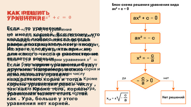Как решить уравнение   Если , то уравнение   не имеет корней. Все потому, что квадрат любого числа всегда равен неотрицательному числу. Из этого следует, что при - ни для какого числа p равенство не является верным. Если , то корни уравнения будут другими. Например, можно использовать правило квадратного корня и тогда корень уравнения равен числу , так как . Кроме того, корнем уравнения может стать -, так как . Ура, больше у этого уравнения нет корней. 