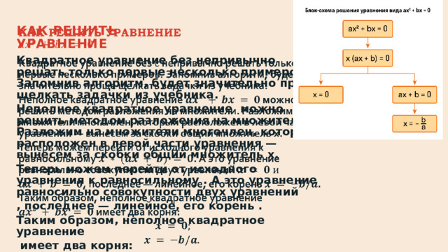 Как решить уравнение   Квадратное уравнение без непривычно решать только первые несколько примеров. Запомнив алгоритм, будет значительно проще щелкать задачки из учебника.   Неполное квадратное уравнение можно решить методом разложения на множители. Разложим на множители многочлен, который расположен в левой части уравнения — вынесем за скобки общий множитель x. Теперь можем перейти от исходного уравнения к равносильному . А это уравнение равносильно совокупности двух уравнений , последнее — линейное, его корень . Таким образом, неполное квадратное уравнение  имеет два корня:   