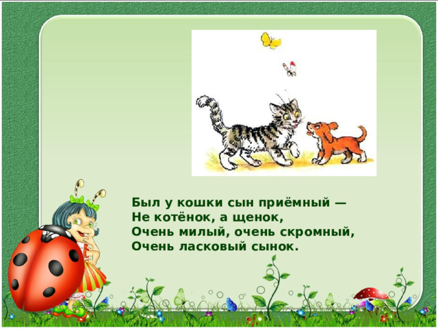 Был у кошки сын приёмный — Не котёнок, а щенок, Очень милый, очень скромный, Очень ласковый сынок. 