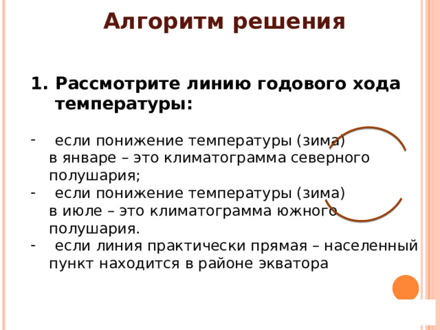 Алгоритм решения . Рассмотрите линию годового хода температуры: если понижение температуры (зима)  в январе – это климатограмма северного  полушария; если понижение температуры (зима)  в июле – это климатограмма южного  полушария. если линия практически прямая – населенный  пункт находится в районе экватора 