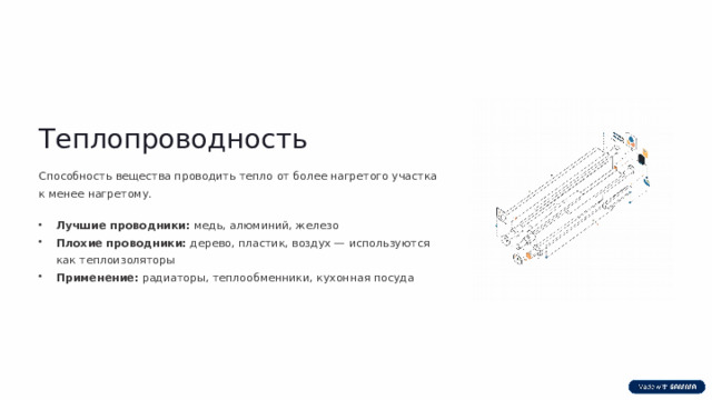 Теплопроводность Способность вещества проводить тепло от более нагретого участка к менее нагретому. Лучшие проводники: медь, алюминий, железо Плохие проводники: дерево, пластик, воздух — используются как теплоизоляторы Применение: радиаторы, теплообменники, кухонная посуда  